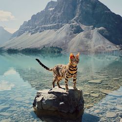 Zebras on rock by lake against mountain range