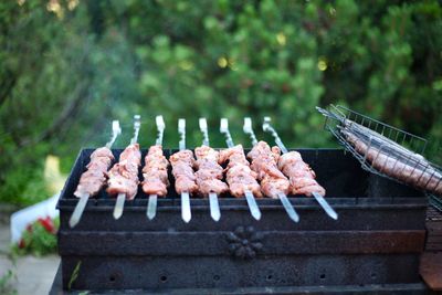 Close-up of meat on barbecue grill