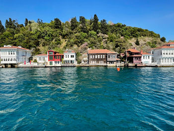 Houses by sea against clear blue sky