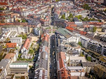 High angle view of street amidst buildings in city