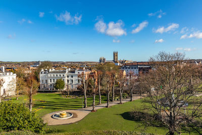 Trees and buildings against blue sky