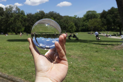 Hand holding crystal ball on field