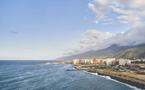 Aerial view of the marina yacth in caraballeda, la guaira, venezuela. drone view of la guaira coast