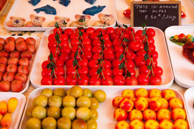 High angle view of multi colored candies for sale in market