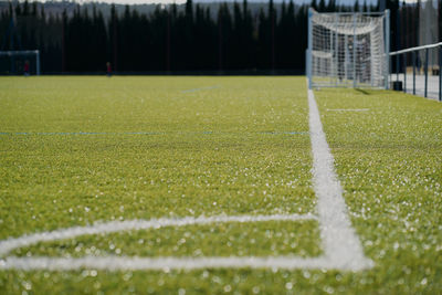 The white line in the football corner on the green field with the goal