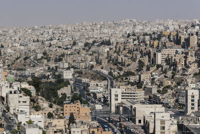 High angle shot of townscape against clear sky