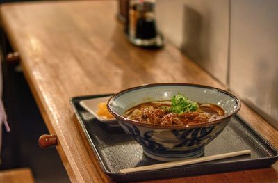 High angle view of soup in bowl on table