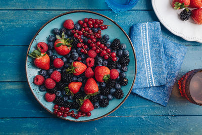 High angle view of strawberries in bowl on table