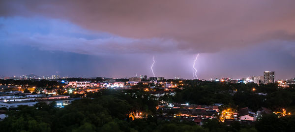 Panoramic view of illuminated cityscape against dramatic sky