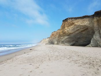 Rock formations at beach against blue sky