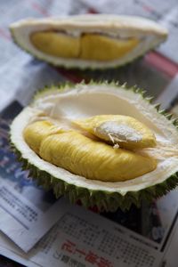 Close-up of durians on table