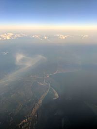 Aerial view of sea against sky at sunset