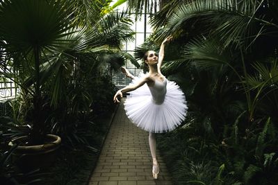 Young woman dancing amidst plants against trees