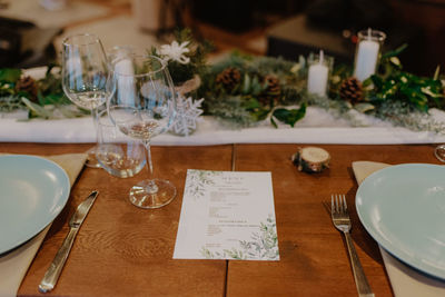 Place setting on table at restaurant