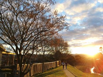 People walking on road by bare trees against sky