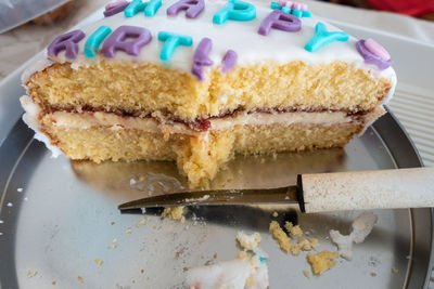 High angle view of cake in plate on table