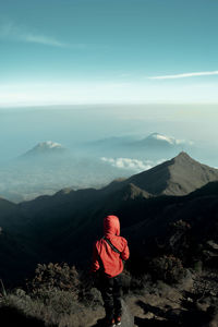 Standing on top of a mountain. mount merbabu, central java