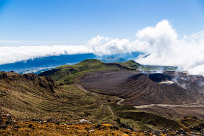 Panoramic view of volcanic landscape against sky