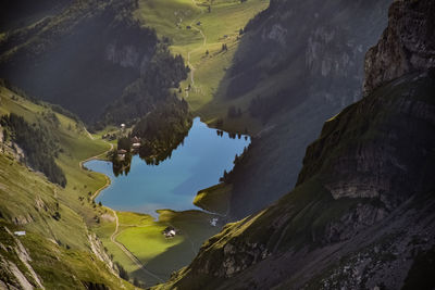 High angle view of lake and mountains