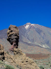 Low angle view of rock formation by mountain against clear blue sky