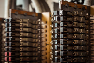 Close-up of switchgear in factory