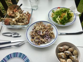 High angle view of seafood on table 