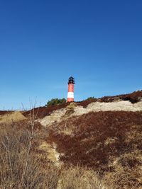 Low angle view of lighthouse on field against clear blue sky