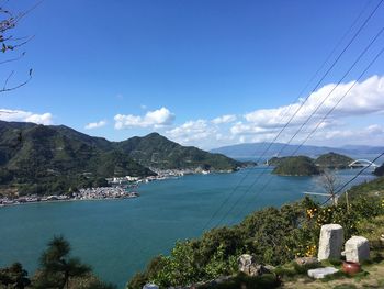 Scenic view of bay against blue sky
