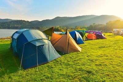 Early morning camping ground, surrounded by mountain scenery