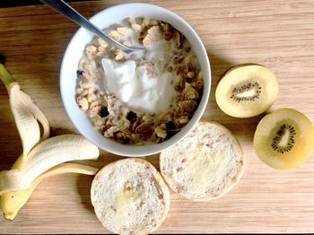 High angle view of breakfast on table