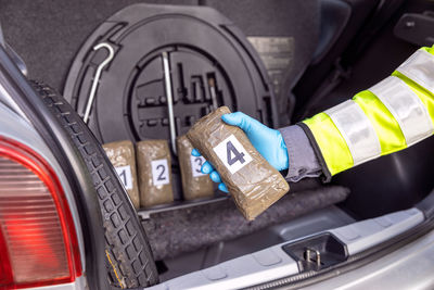 Close-up of hand holding car