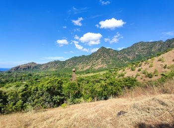 Scenic view of landscape against blue sky