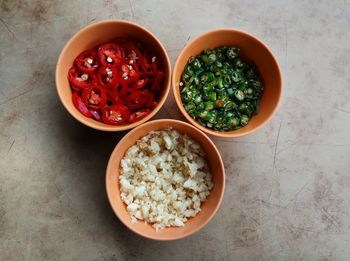 High angle view of breakfast served on table