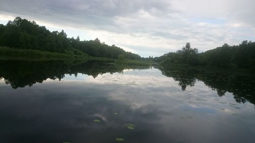 Reflection of trees in water against sky