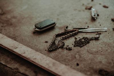 High angle view of chain on table