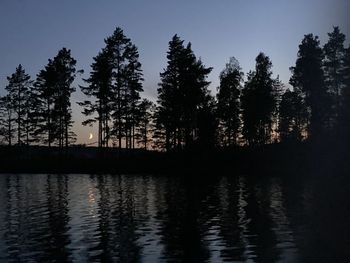 Silhouette trees by lake in forest against sky