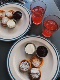 High angle view of breakfast served on table