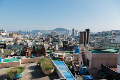 High angle view of town against clear sky