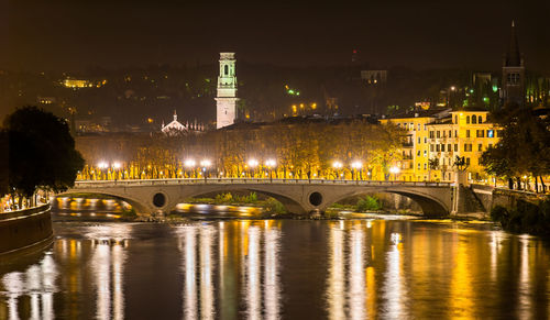 Illuminated bridge over river against buildings at night