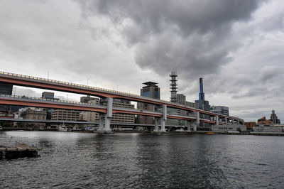 Bridge over river by buildings in city against sky