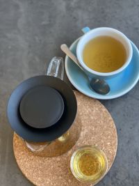 High angle view of coffee cup on table