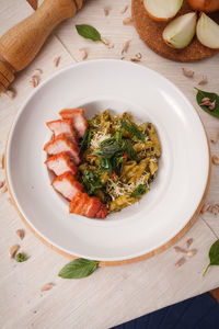 High angle view of food in plate on table