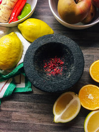 High angle view of fruits in bowl on table