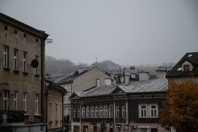 Buildings in city against clear sky