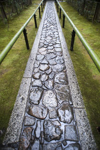 High angle view of walkway amidst railings on field