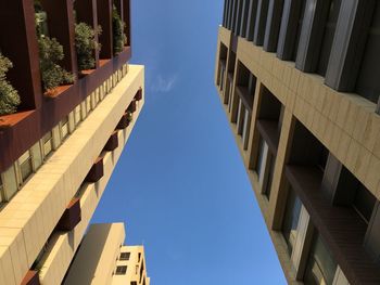 Low angle view of modern buildings against clear blue sky