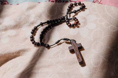 High angle view of a wooden crucifix