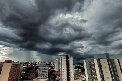 View of cityscape against dramatic sky