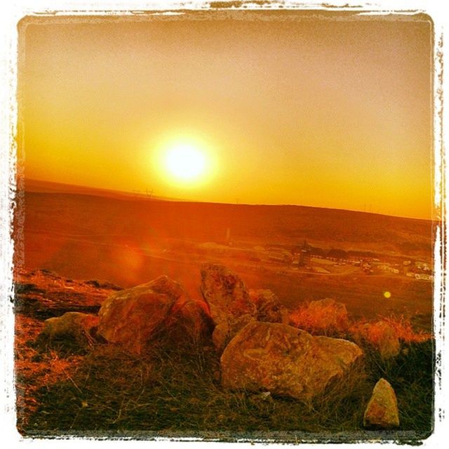 sunset, transfer print, scenics, tranquil scene, orange color, tranquility, beauty in nature, sun, sea, auto post production filter, nature, water, horizon over water, idyllic, sky, rock - object, clear sky, sunlight, landscape, non-urban scene