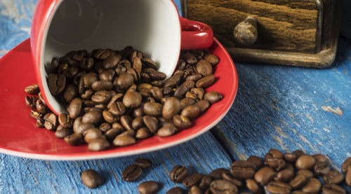 High angle view of coffee beans on table